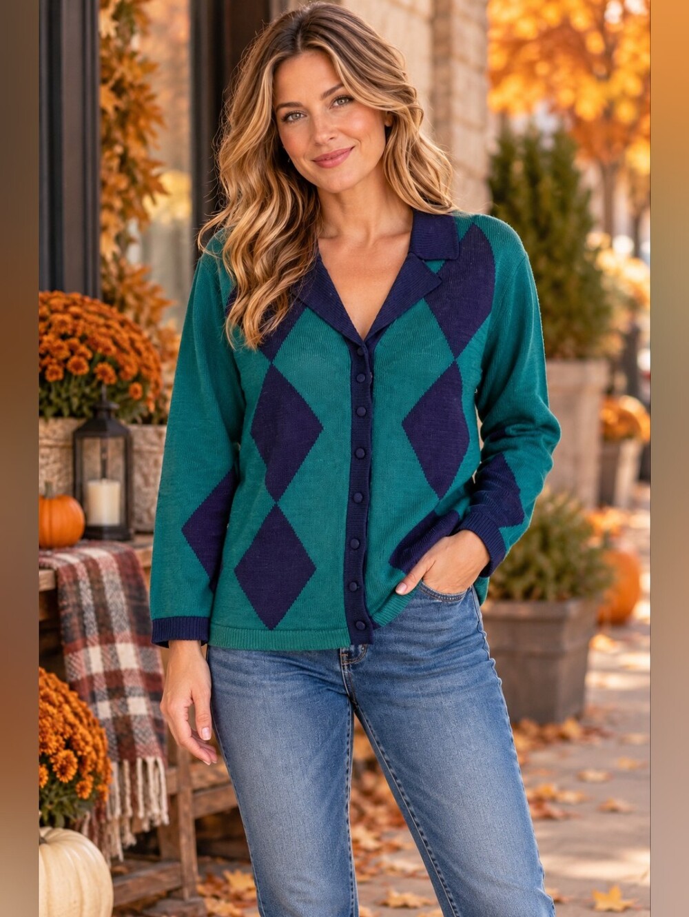Bleyle Vintage Argyle Knit 100% Merino Wool Cardigan Sweater Size Small Blue EUC